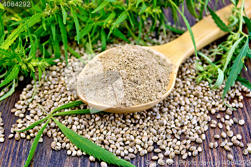 Image of Flour hemp in spoon with leaf and grain on board