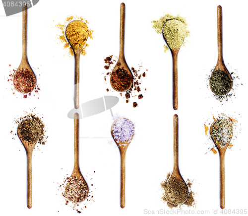 Image of Collection of Spices in Wooden Spoons