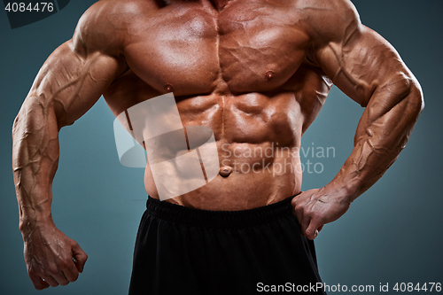 Image of torso of attractive male body builder on gray background.