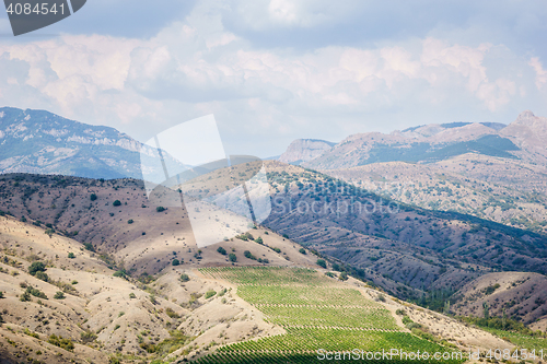 Image of Panoramic views of beautiful silent nature, hills with plants, mountain