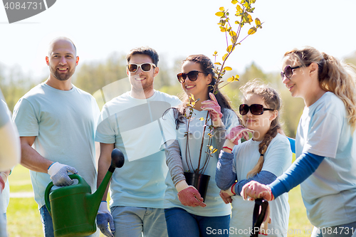 Image of group of volunteers with trees and rake in park