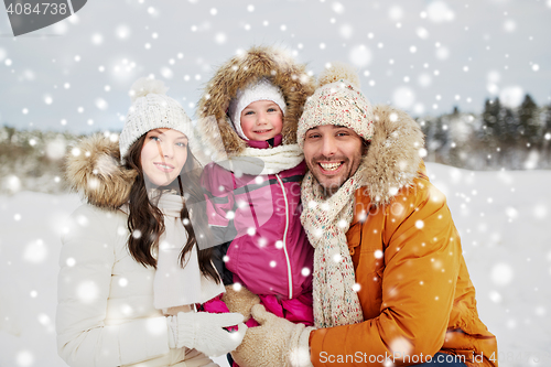 Image of happy family with child in winter clothes outdoors