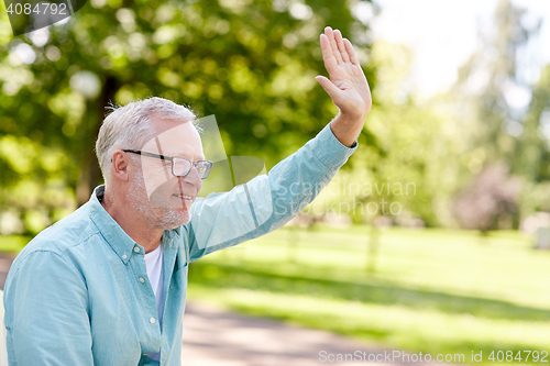 Image of happy senior man waving hand at summer park