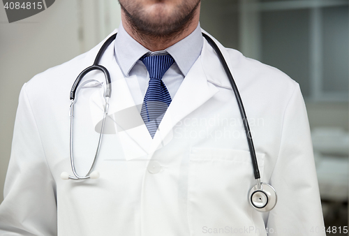 Image of close up of doctor with stethoscope at hospital
