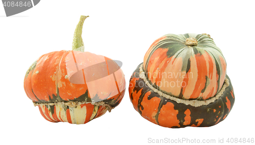 Image of Two turban squash, one with stem, one showing striped gourd