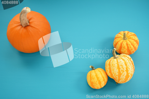 Image of Orange pumpkin and yellow squash on teal painted wood