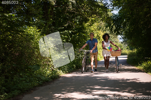Image of Young multiethnic couple having a bike ride in nature