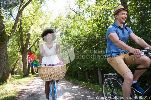 Image of Young multiethnic couple having a bike ride in nature