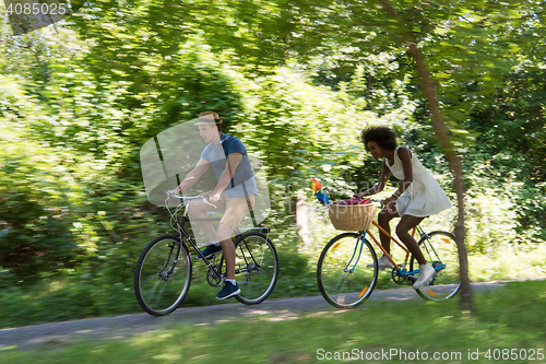 Image of Young multiethnic couple having a bike ride in nature