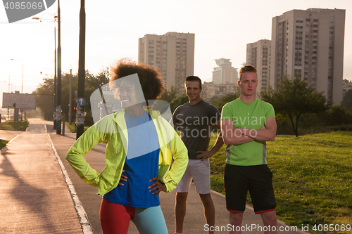 Image of portrait multiethnic group of people on the jogging