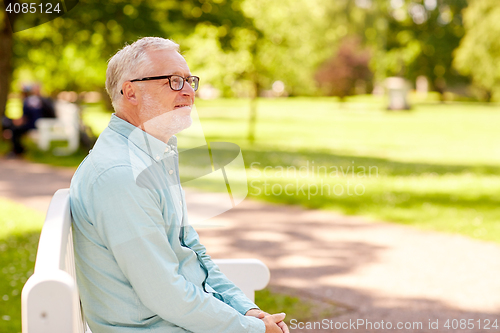 Image of happy senior man in glasses sitting at summer park