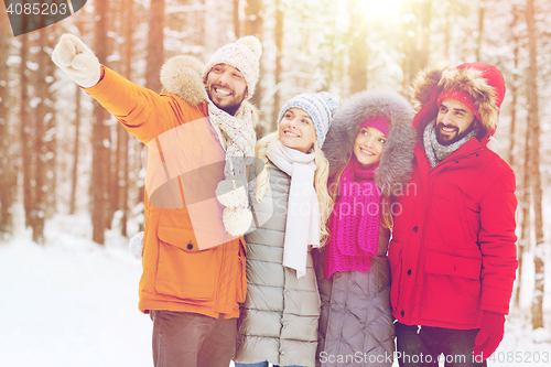 Image of group of smiling men and women in winter forest