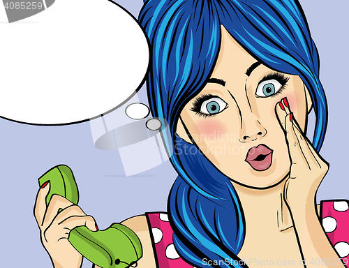 Image of Surprised  pop art woman with retro phone, who tells her secrets