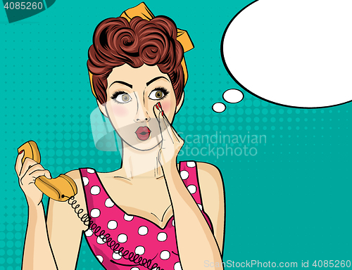 Image of Surprised  pop art woman with retro phone, who tells her secrets