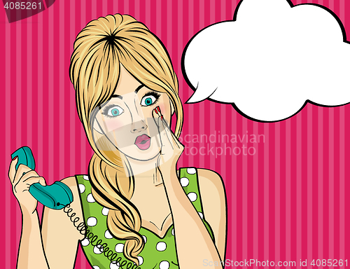 Image of Surprised  pop art woman with retro phone, who tells her secrets