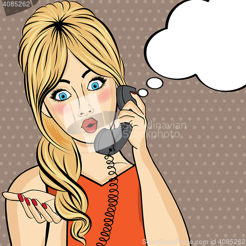 Image of Pop art  woman chatting on retro phone . Comic woman with speech