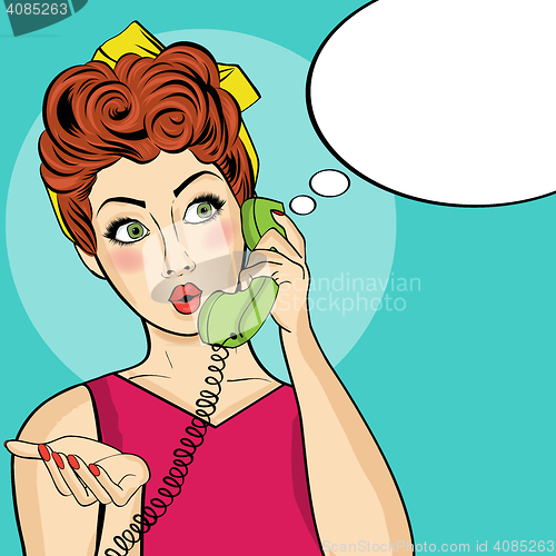Image of Surprised  pop art woman with retro phone