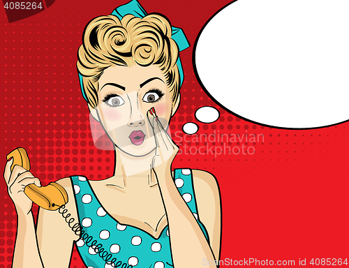 Image of Surprised  pop art woman with retro phone, who tells her secrets