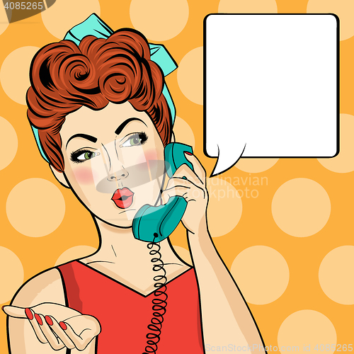 Image of Pop art  woman chatting on retro phone . Comic woman with speech
