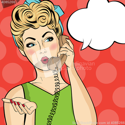 Image of Pop art  woman chatting on retro phone . Comic woman with speech