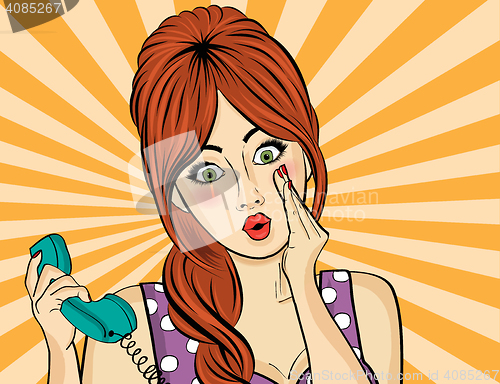 Image of Surprised  pop art woman with retro phone, who tells her secrets