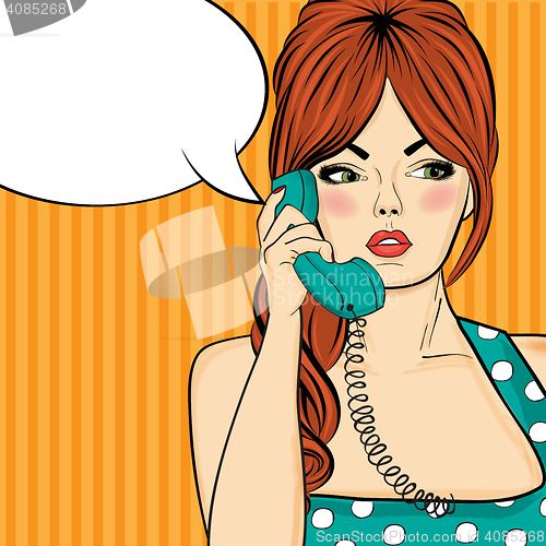 Image of Pop art  woman chatting on retro phone . Comic woman with speech