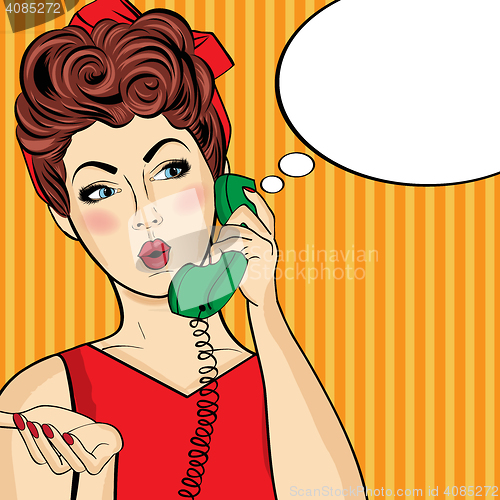 Image of Pop art  woman chatting on retro phone . Comic woman with speech