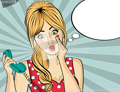 Image of Surprised  pop art woman with retro phone, who tells her secrets