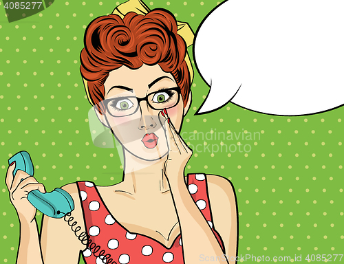 Image of Surprised  pop art woman with retro phone, who tells her secrets