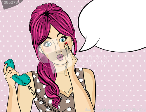 Image of Surprised  pop art woman with retro phone, who tells her secrets