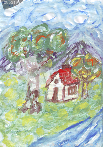 Image of Small cottage near a river painting