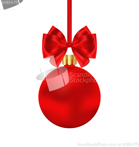 Image of Christmas Red Ball with Satin Bow Ribbon Isolated