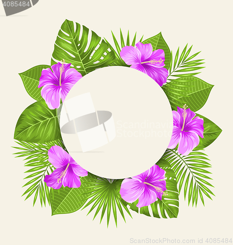 Image of Retro Card with Purple Hibiscus Flowers and Green Tropical Leaves