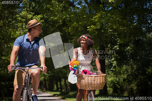 Image of Young multiethnic couple having a bike ride in nature