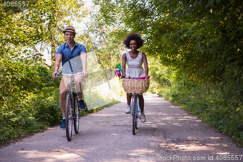 Image of Young multiethnic couple having a bike ride in nature