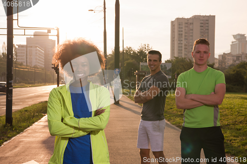 Image of portrait multiethnic group of people on the jogging