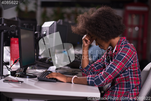 Image of a young African American woman feels tired in the modern office