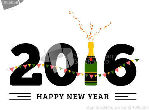 Image of Congratulations to the happy new 2016 year with a bottle of champagne, flags