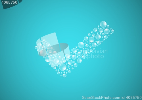 Image of water drops on blue background, check symbol