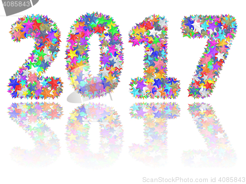 Image of 2017 digits composed of colorful stars on glossy white background
