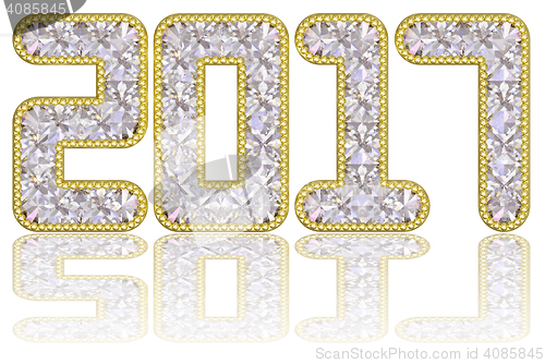 Image of 2017 digits composed of gems in golden rim on glossy white background