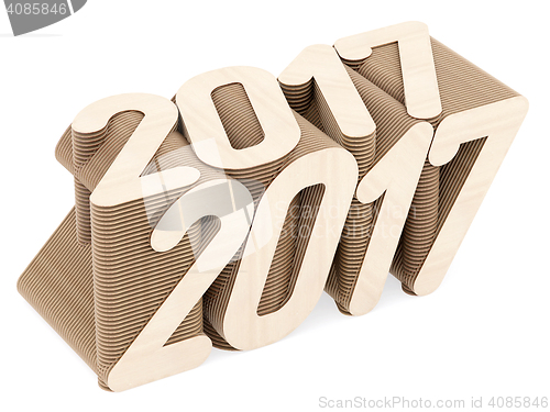 Image of 2017 digits composed of intersected wood panels on white background