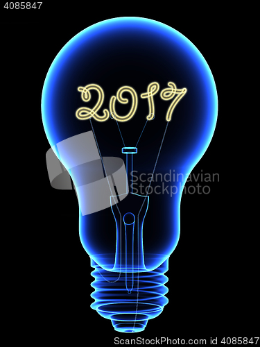 Image of X-Ray lightbulb with sparkling 2017 digits inside isolated on black
