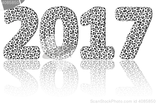 Image of 2017 digits composed of many soccer balls on glossy white background