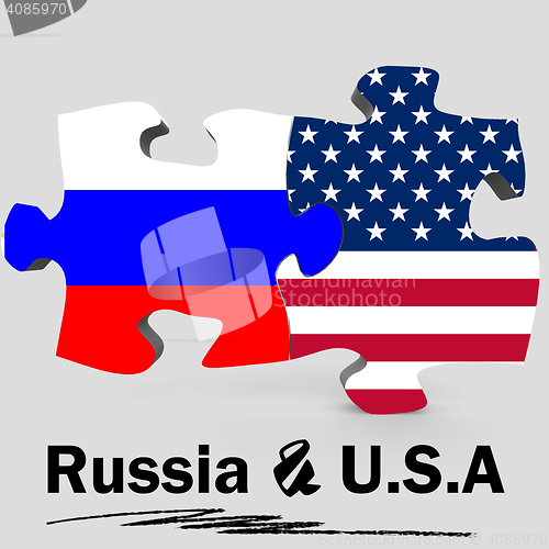 Image of USA and Russia flags in puzzle 