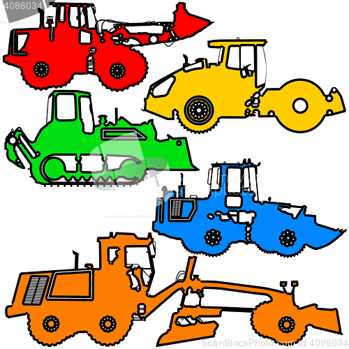 Image of Set  color silhouettes  road construction equipment. illustration.