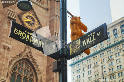 Image of Wall street and Broadway signs in New York City