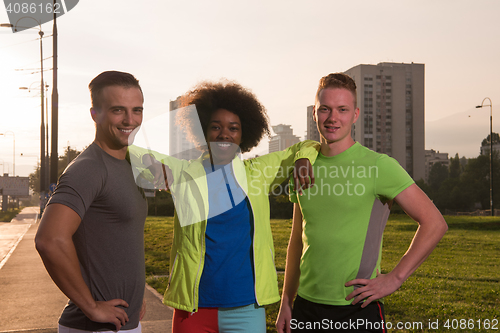 Image of portrait multiethnic group of people on the jogging