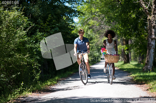 Image of Young multiethnic couple having a bike ride in nature