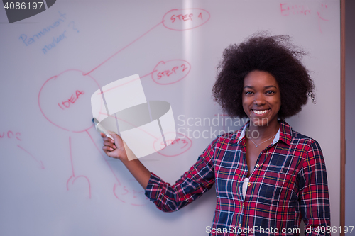 Image of African American woman writing on a chalkboard in a modern offic